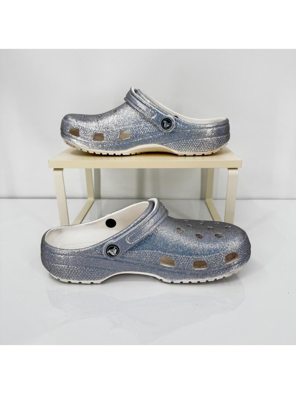 CROCS Classic Platform Clog Women's Size 11 Men's Size 9 Silver Glitter
